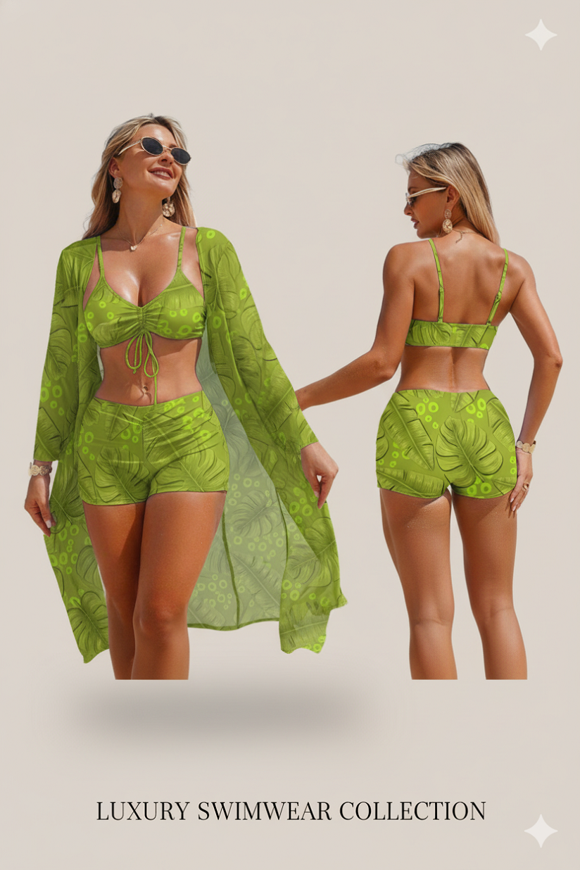 Traje de Baño 3 Piezas Kimono Donabella Resort Premium | Bikini con Short y Kimono – Pago Contra Entrega Colombia