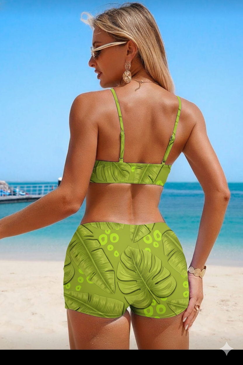 Traje de Baño Kimono Verde Donabella en Nylon Licrado | Bikini con Short y Kimono – Pago Contra Entrega Colombia