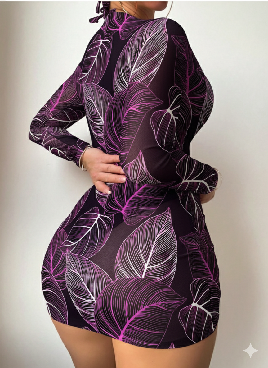 Traje de Baño 3 Piezas con Vestido Estampado Hojas – Donabella Éclat Amethyst en Lycra Premium con Copa en Espuma | Pago Contra Entrega Colombia